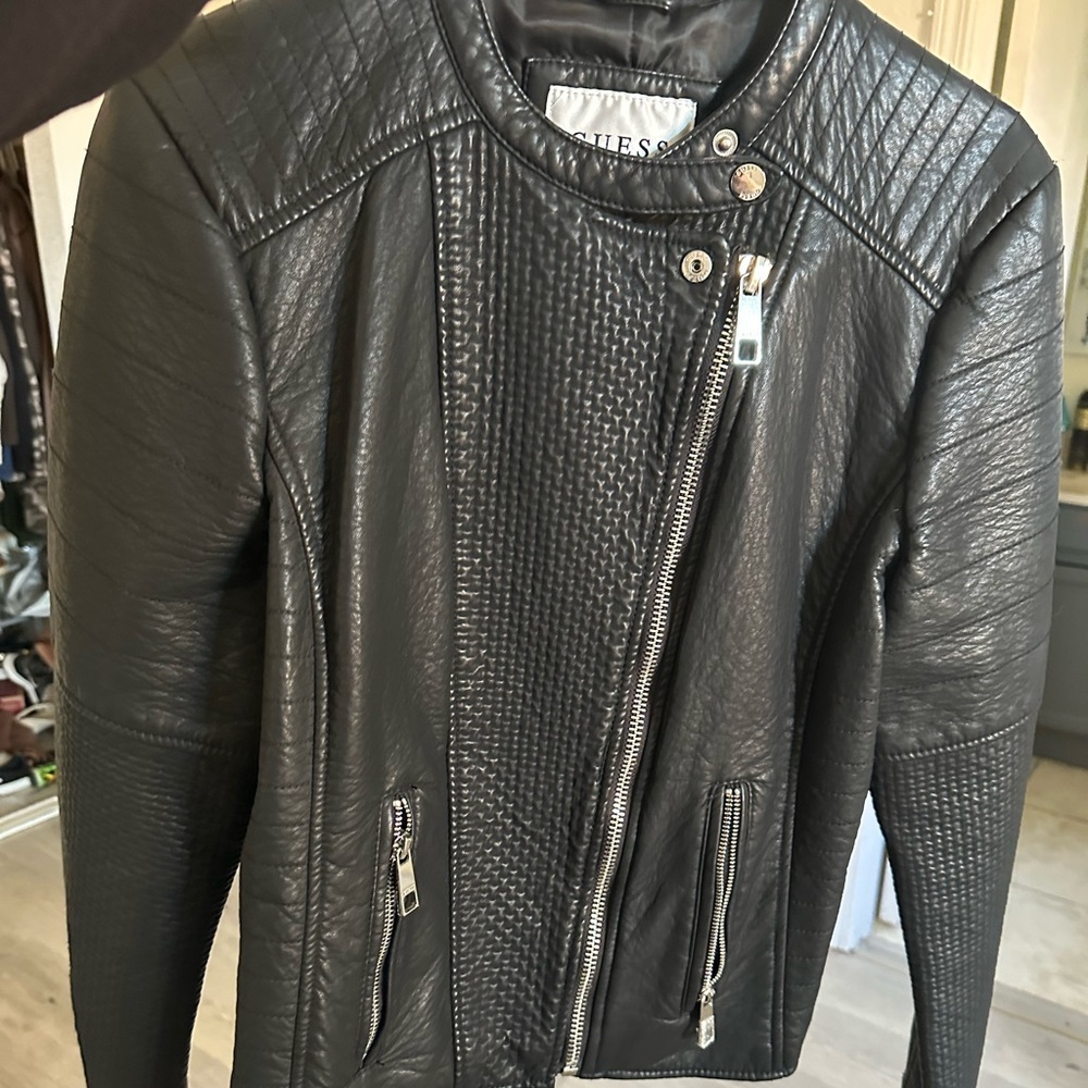 Guess Black Leather Jacket with Silver Accents